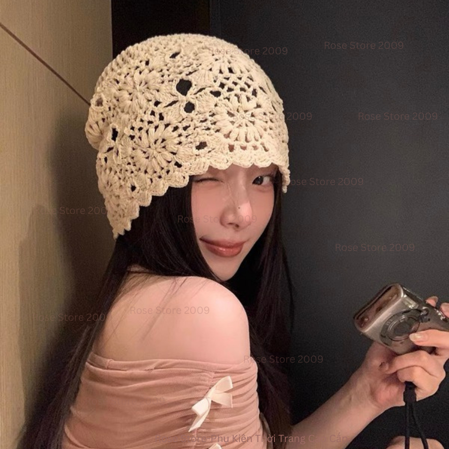 RS1114 Mũ Len Dệt Kim Mỏng_ Mũ đan mỏng ROSE Store 2009 Nón len đan họa tiết hoa hàng QCCC cao cấp t