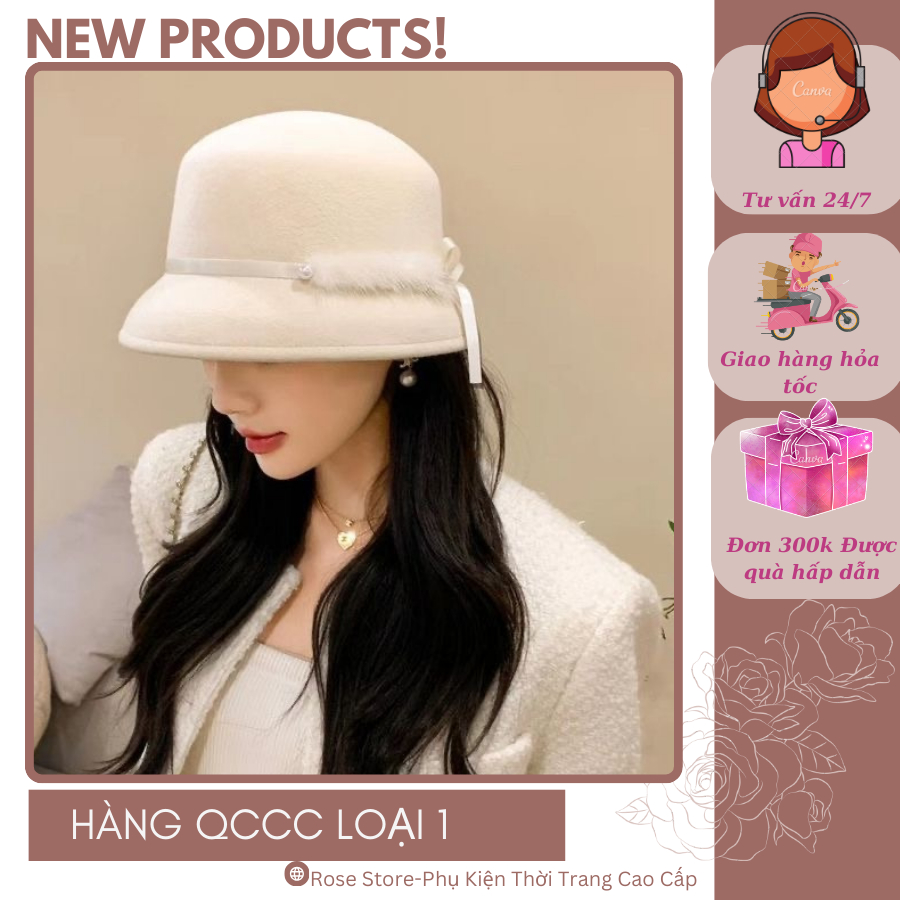 RS1121 Mũ bucket dạ ép Lông Cừu lông vũ đính ngọc- Mũ dạ ép phong cách Sang trọng- ROSE STORE 2009-N
