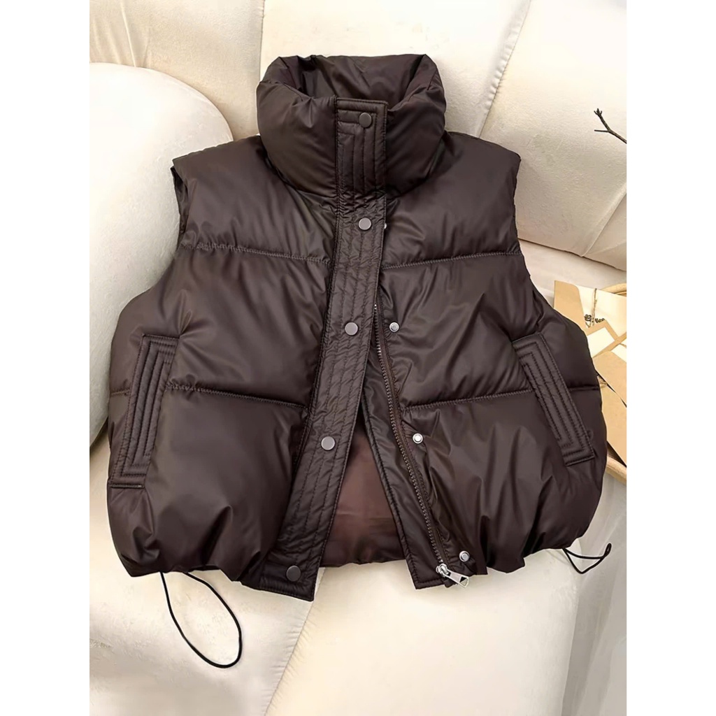 Áo Phao Gile Nữ Dáng Ngắn Chất Da Có Túi 2 Bên Áo Khoác Phao Gile Nữ Cổ Cao Có Dây Rút Áo Gile Phao Trơn Freesize | BigBuy360 - bigbuy360.vn