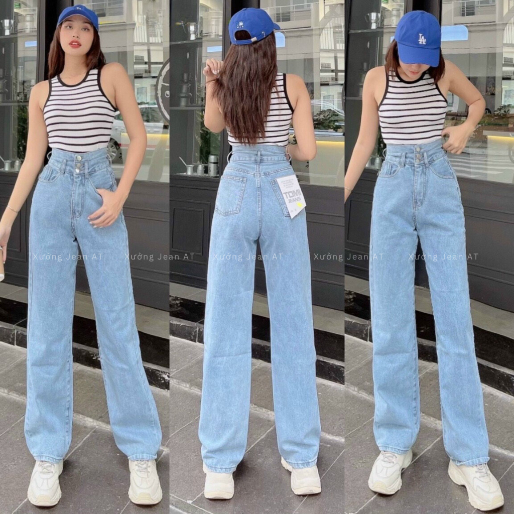 Quần Jean Nữ Ống Rộng Lưng Cao Phong Cách Ulzzang Năng Động, Chất Bò Dày Dặn 4 Màu Xanh Đậm, Nhạt, Đen, Xám 522 429 302