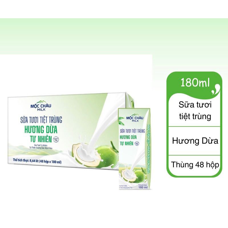 Thùng sữa Mộc châu 48 hộp x 180ml (Vị Dừa - Có Đường - Ít Đường)