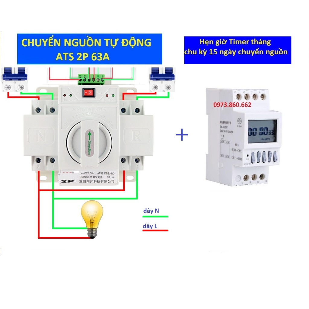 Combo ATS 2P 63A + Timer tháng ( hẹn giờ chu kỳ tháng )