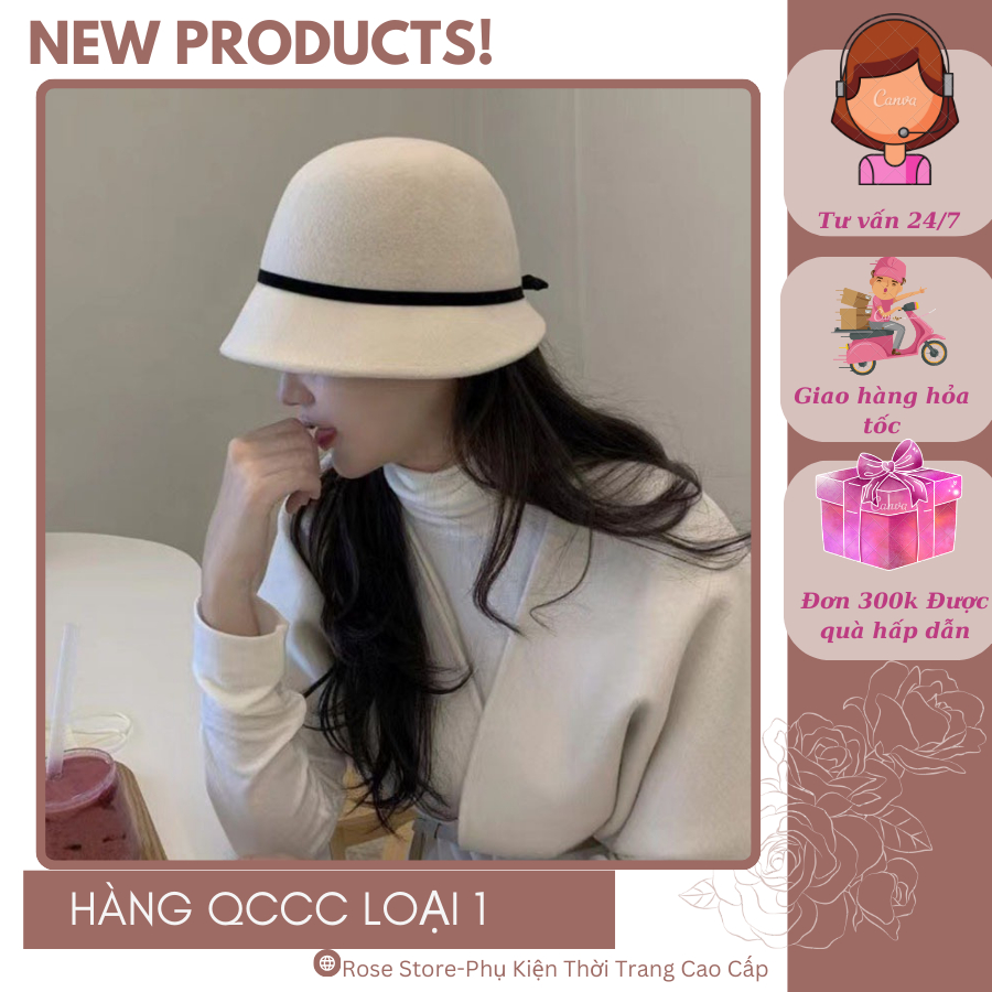 RS1123 Mũ BUCKET dạ ép Lông Cừu cao cấp- Mũ vành nhỏ dạ ép phong cách Hepburn- ROSE STORE 2009-Nón d