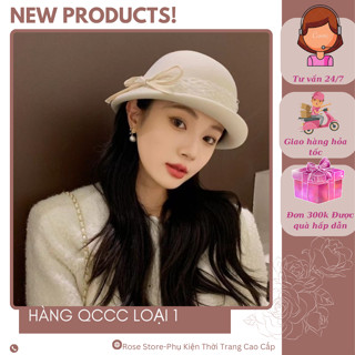 RS1124 Mũ dạ ép lông cừu vành nhỏ TRẮNG KEM kèm lông vũ - Mũ bucket dạ ép phong cách Hepburn