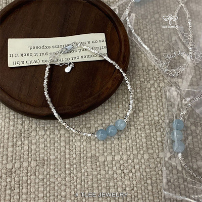 Lắc tay bạc nữ TLEE hạt bạc vỡ mix ba viên đá Ngọc Hải Lam tự nhiên TLEE JEWELRY LT0253