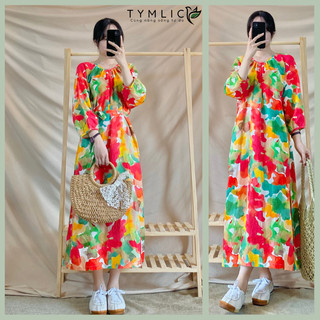 Đầm Suông Midi Linen Cổ Nhún Tay Dài Họa Tiết Sắc Màu TYMLIC