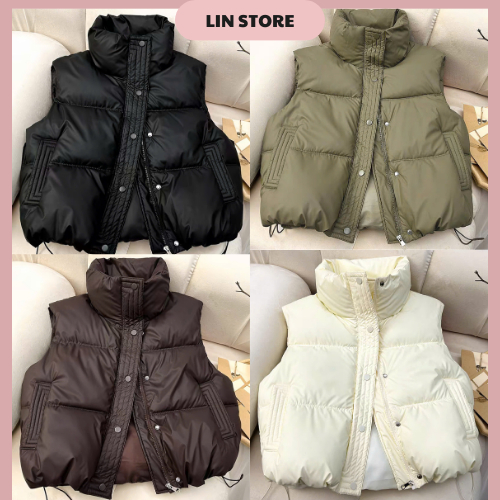 Áo Phao Gile Nữ Dáng Ngắn Chất Da Có Túi 2 Bên Áo Khoác Phao Gile Nữ Cổ Cao Có Dây Rút Áo Gile Phao Trơn Freesize | BigBuy360 - bigbuy360.vn