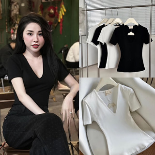 Áo Thun Tay Ngắn Cổ Chữ V Chất Cotton, Áo Dáng Ôm Body Chiết Eo Phong Cách Hàn Quốc Cho Nữ