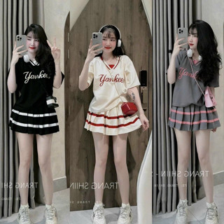 Set Áo cổ V Yankeep mix chân váy dập ly (Kèm quần trong) - Sét váy nữ cá tính năng động thích hợp cho nàng đi chơi
