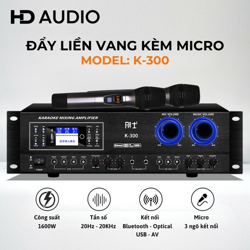 Đẩy Liền Vang Kèm Micro Gunssi K300, K200, Cục Đẩy Công Suất Liền Vang Có Chống Hú, Công Suất 1600W,
