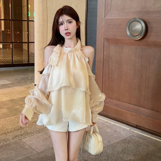 Áo bèo cổ nơ dáng yếm khoét vai tay rơi chất tơ ngọc tra.i, Áo bánh bèo cổ yếm màu xanh da trời, kem be