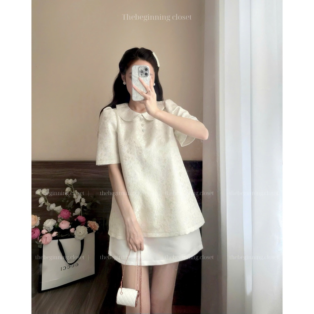 |Thebeginning| Renie Top ÁO gấm cao cấp cổ sen phối cúc tim