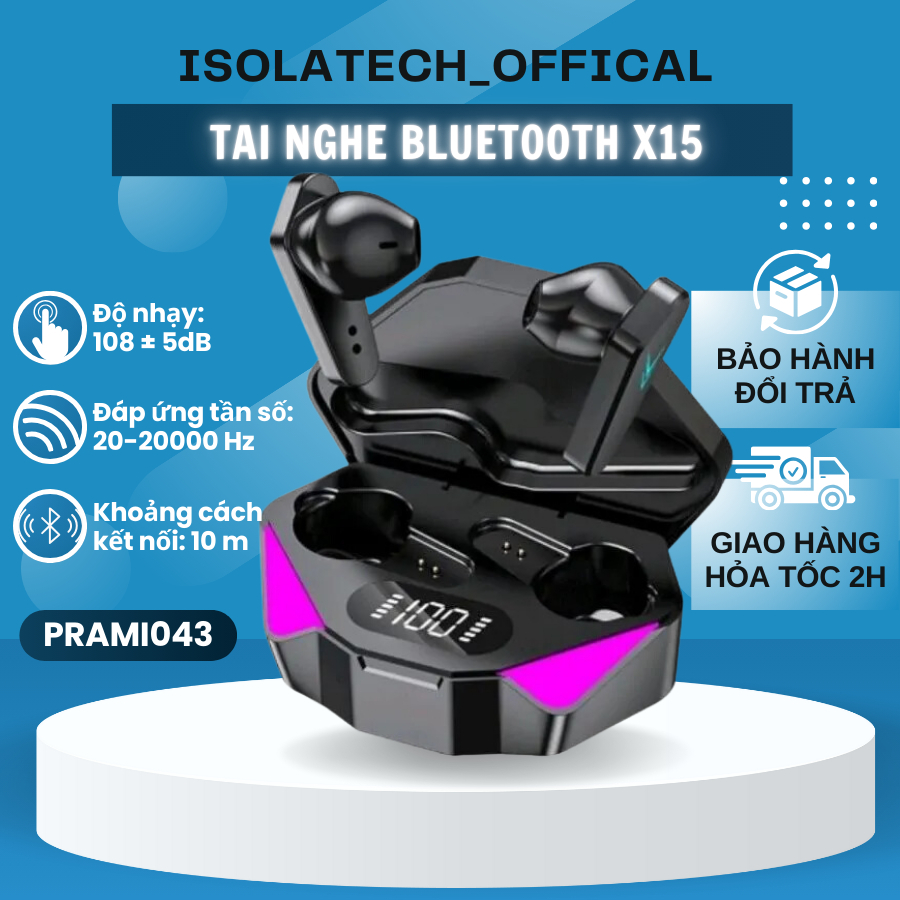 Tai Nghe Bluetooth TWS X15 - Công Nghệ Gaming, Đèn LED RGB và Khả Năng Chống Nước IPX7 - PRAMI043
