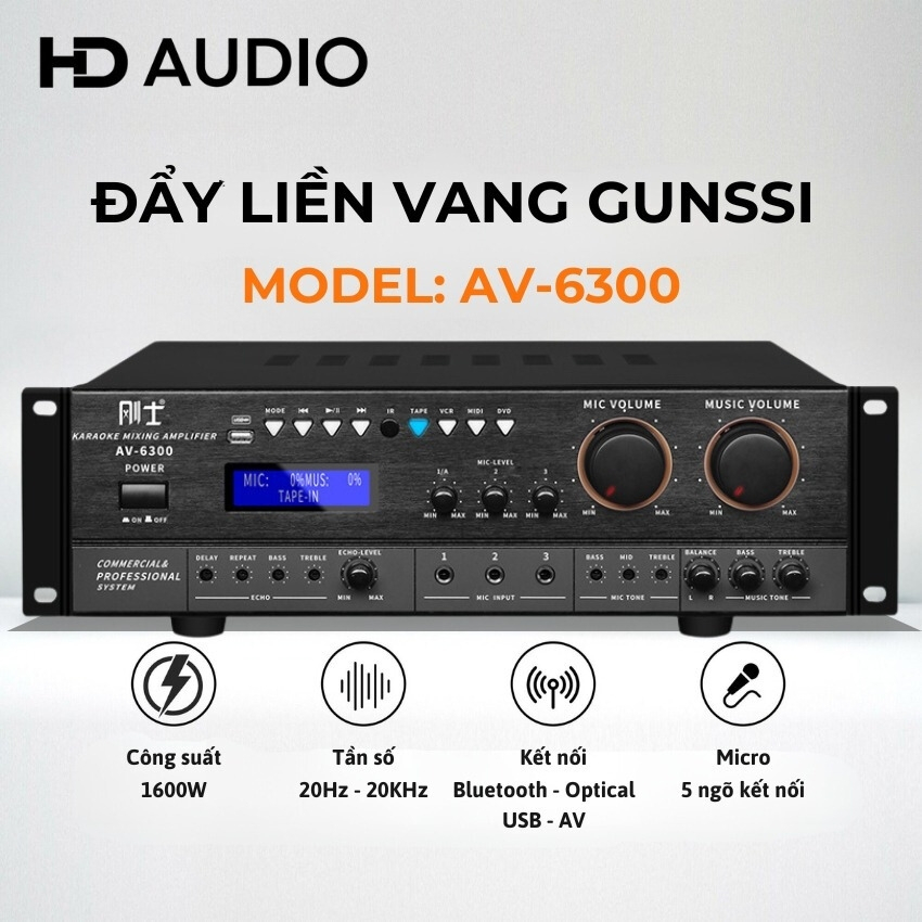 Đầy Liền Vang 12 Sò Công Suất Lớn Gunssi AV 6300, Cục Đẩy Liền Vang 2 Kênh, Mạch Chống Hú, Amply, Âm