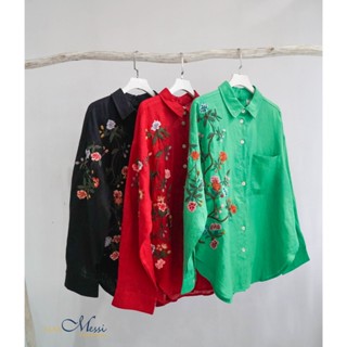 Áo sơ mi nữ linen tưng Maxmessi Belle thêu tay một bên vai