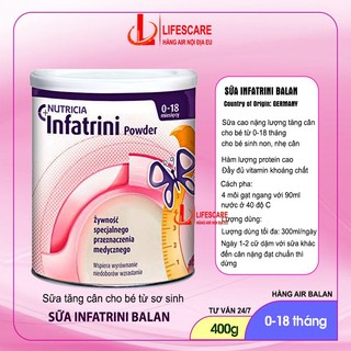 Sữa béo Infatrini Balan tăng cân cho bé nhẹ cân từ 0-18 tháng, hộp 400g-Lifescare