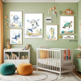 Tranh canvas NEW986 hoạ tiết các con vật dưới biển trang trí phòng trẻ em