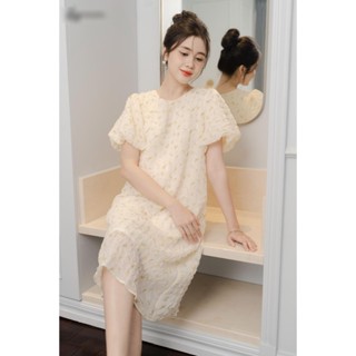 Váy bầu thiết kế hoa nhí cổ tròn tay bồng ,đầm bầu 2 lớp chuẩn form dáng