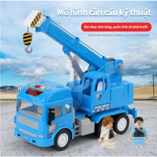 Đồ chơi xe cần cẩu tự hành cần trục kéo dài, tay quay điều khiển xoay 360 độ chạy đà, có nhạc và đèn
