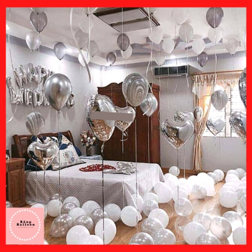 Set bóng bay trang trí phòng cưới màu bạc c11 của Bống Balloon 🎈 Tặng 3 chữ hỷ + cánh hoa trang trí