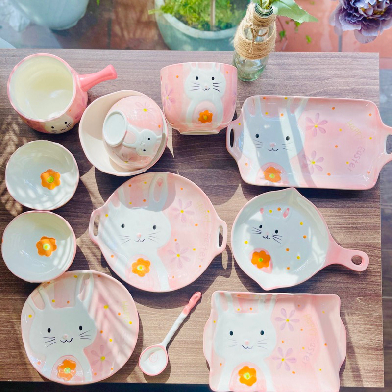 Chén Dĩa Dễ Thương Đĩa Sứ Set Bát Đĩa Decor Bát Ăn Cơm Chén Sứ Đẹp Bộ thỏ hồng 10 món cute