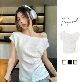 Áo thun lệch vai tay ngắn Forgirl áo phông dáng vừa chất liệu xốp nhăn T006