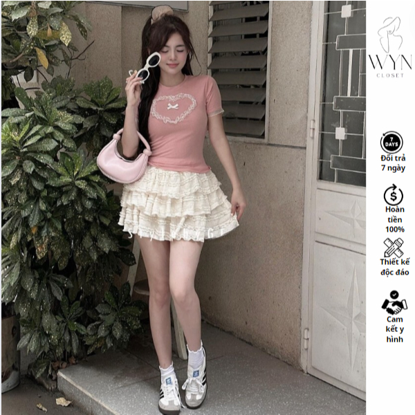 Set áo nơ trái tim kèm chân váy xòe xếp ly chất sốp, Set Đồ Đi Chơi Nữ Freesize xinh xắn