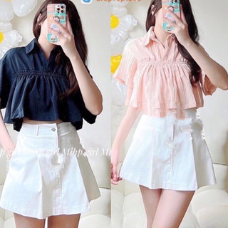 Áo trắng sơ mi tiểu thư tay bồng Không Bo Chun mã A08