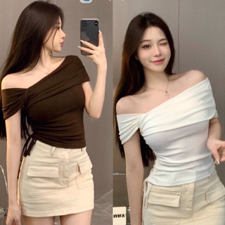 Áo kiểu trễ vai dây rút - Có BIG Size - chất THUN TĂM CO GIÃN ôm eo hack dáng A238