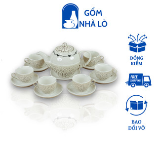 Ấm Chén Pha Chè Ấm chén Gốm Sứ Bát Tràng Ấm chén uống trà ấm chén men rạn bộ Minh Long 500ml Gốm Nhà Lò 