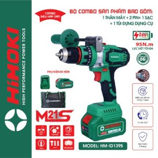  Khoan pin 3 chức năng HIMOKI HM-ID1395 Không chổi than Máy khoan pin đầu kẹm 13mm có autolock ruột đồng 100% Tặng Quạt 