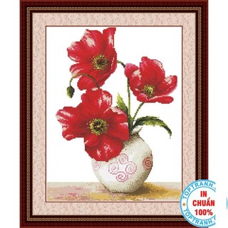 Tranh thêu chữ thập bình hoa poppy màu đỏ H289 (Chưa thêu) tranh thêu bình hoa nhỏ