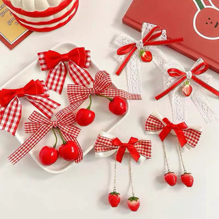  KẸP TÓC NƠ Ruy Băng Kèm Charm Dễ Thương Màu Đỏ Xinh Yêu