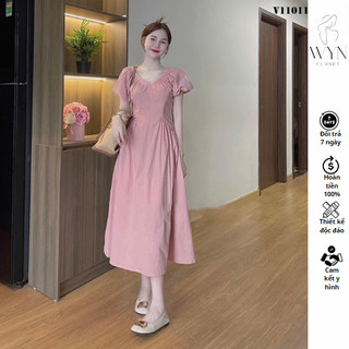 Váy đầm dáng dài hồng cổ kiểu chữ V tay ngắn phồng cột dây sau lưng xinh xắn, Đầm thun vai dáng dài xoè có túi nơ sau
