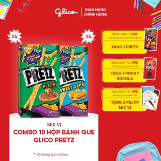 Combo 10 hộp Bánh que mặn nướng giòn Glico Pretz Happy Set F mix vị (5 Pizza - 5 Bắp ngọt)