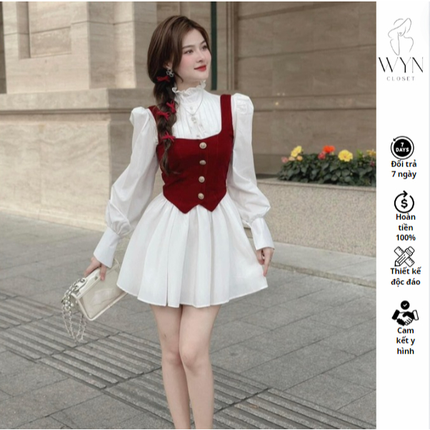 Đầm tay phồng cổ bèo xếp ly from dáng xòe mix áo gile cài nút với tone màu xinh xắn cho nàng đi chơi, hẹn hò