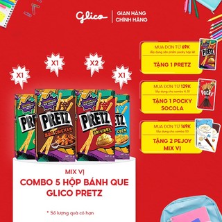 Combo 5 hộp Bánh que mặn nướng giòn Glico Pretz mix vị (2 Khoai tây - 1 BBQ Gà nướng - 1 Pizza - 1 Bắp)