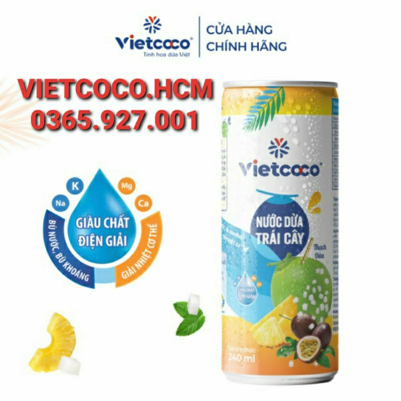 1 lốc nước dừa trái cây vietcoco có thạch, date mới (6 lon x 240ml)