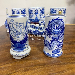 Lọ Đựng Hương, Ống Cắm Hương Rồng, Sen Thờ Cúng men lam cổ - Đồ Thờ Cúng Bát Tràng