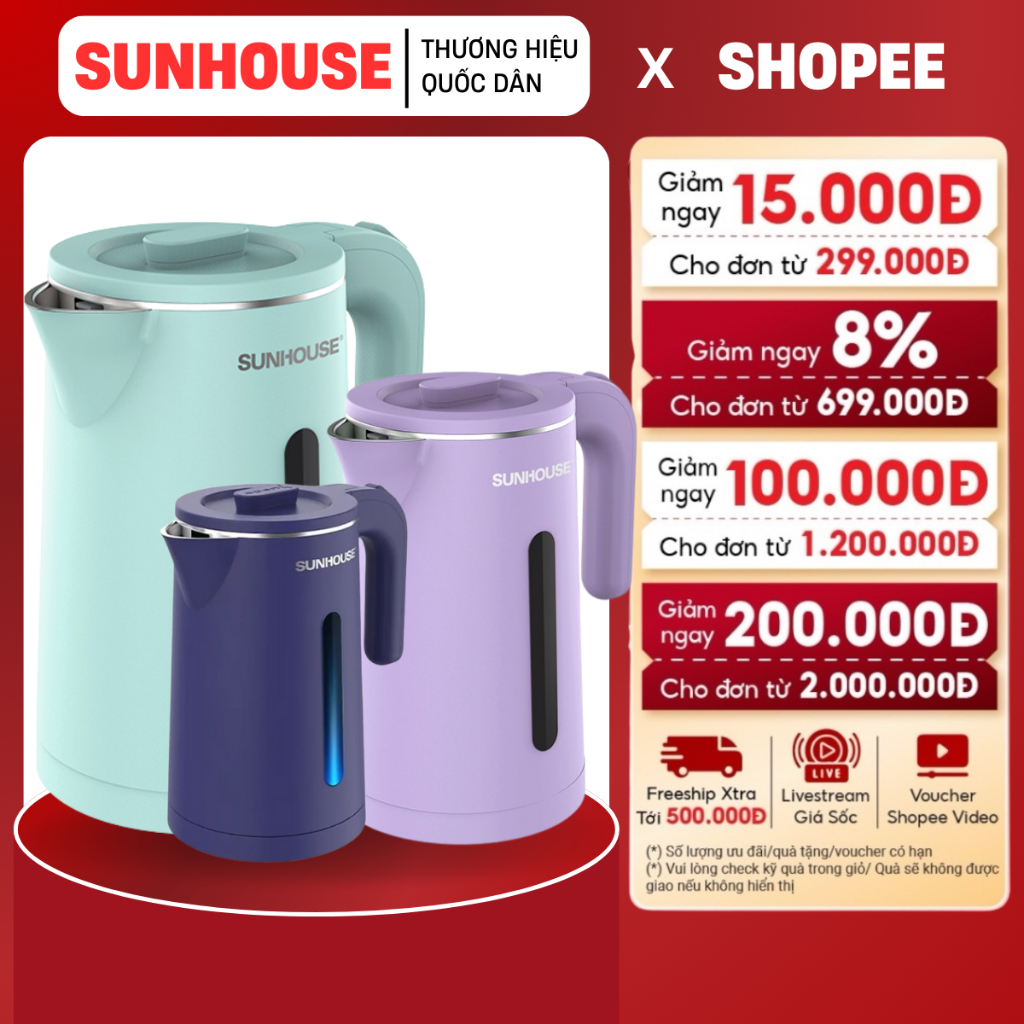 ẤM SIÊU TỐC INOX 2 LỚP 1.8L SUNHOUSE SHD1351 - Thân ấm chống nhiệt, hàng chính hãng, BH 12 tháng