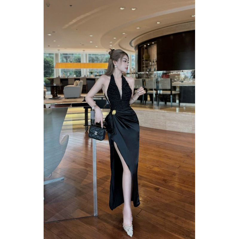 A25- Đầm dự tiệc bling lụa xẻ đùi