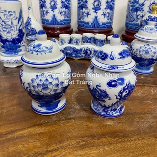 Choé thờ cúng, chum đồ thờ cúng bát tràng men lam cổ rồng - hoa sen đồ thờ cúng bát tràng