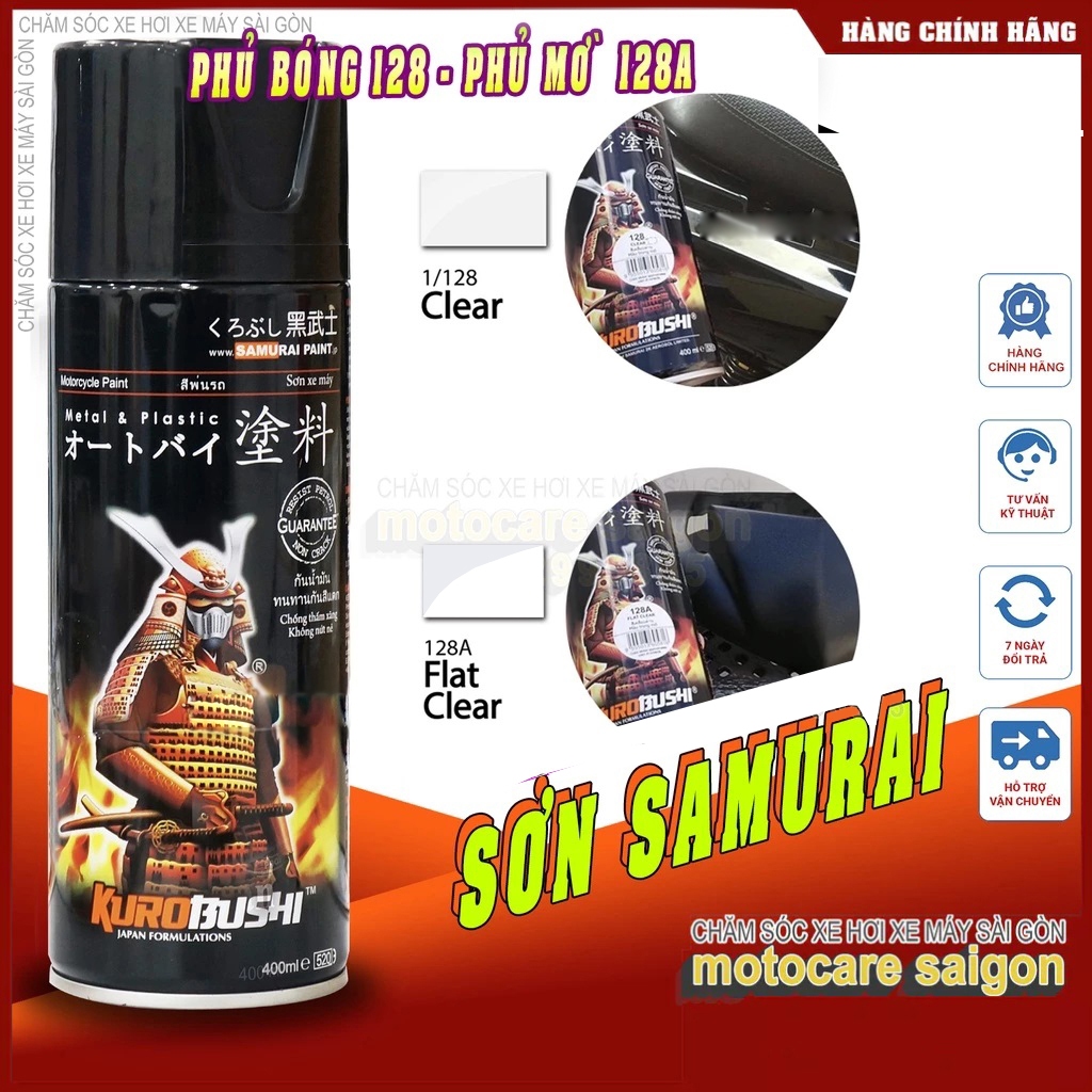 COMBO sơn xe máy Samurai 128 màu trong Clear và màu nhám 128A