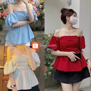Áo kiểu trễ vai TAY BỒNG LIỀN ÁO - Áo tiểu thư peplum xếp ly vải voan 2 lớp A14