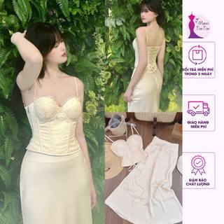 [Sẵn] Set đi tiệc áo 2 dây croset cup ren thêu đan dây mix chân váy lụa tôn dáng sang trọng quyến rũ