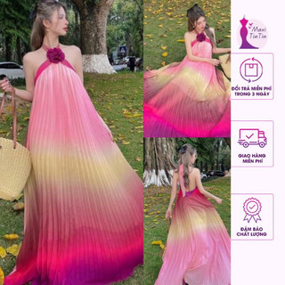 [Sẵn] Đầm Váy maxi đi biển loang màu omber nhiều màu dập ly cổ yếm tag hoa hở lưng dáng xoè rộng sang chảnh sành điệu