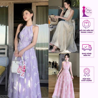 [Sẵn Maxi] Đầm váy maxi đi biển cổ yếm hở lưng ren hoa thêu dáng dài xoè 3 màu phong cách nhẹ nhàng nàng thơ-MaxiTinTin