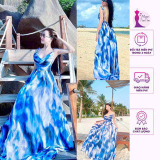 [New Maxi] Đầm váy maxi đi biển mẫu mới loang xanh hai dây dáng xoè rộng hở lưng sành điệu sang chảnh-MaxiTinTin