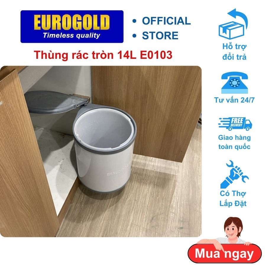 Thùng rác tròn E0103 Eurogold, thùng rác âm tủ gắn cánh cao cấp, vỏ ngoài inox sáng bóng, bền bỉ