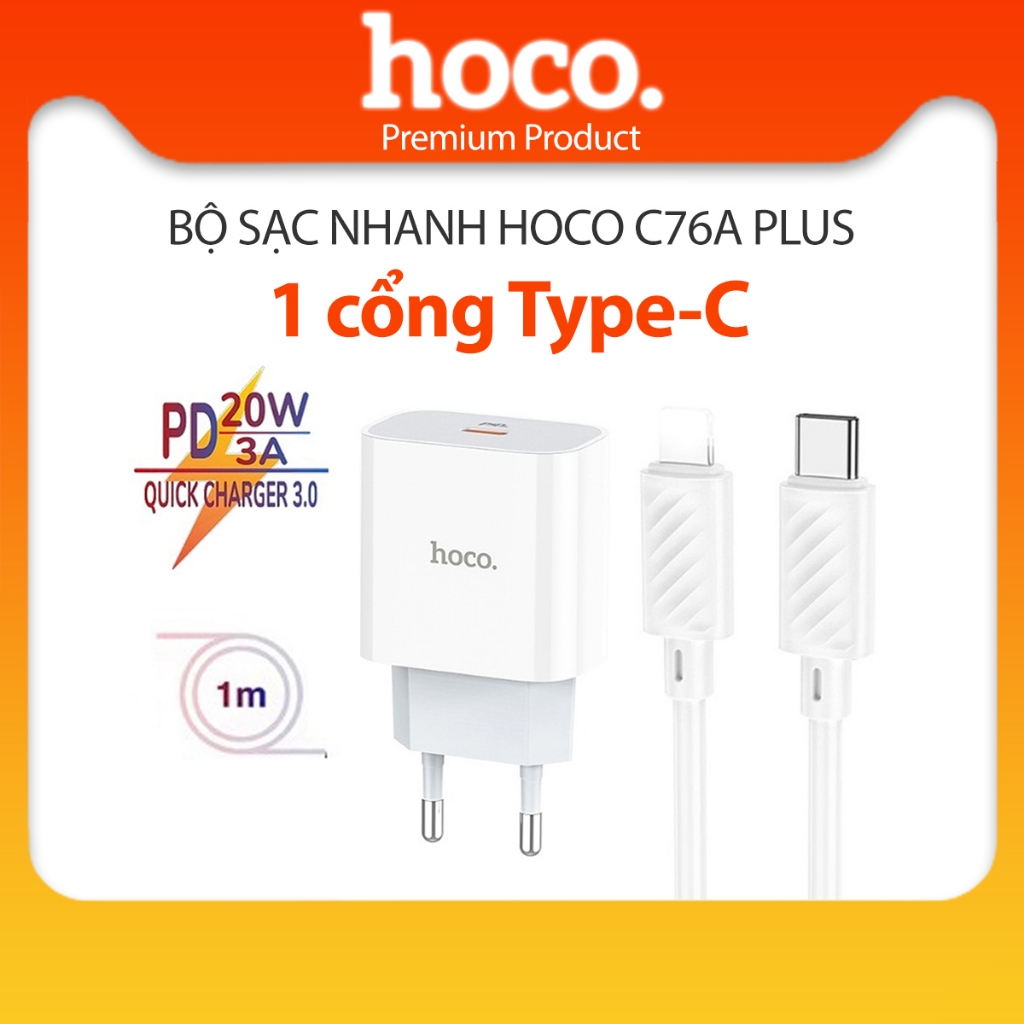 Bộ sạc nhanh PD20W Hoco C76A Plus chân tròn kèm dây Type-C to LN dài 1M